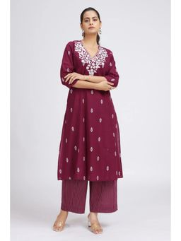 Cotton Culture - Purple Handloom Embroidered A Line Kurta and Trousers