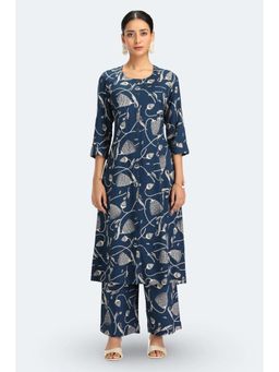 Cotton Culture - Navy Blue Rayon Floral Printed Straight Kurta and Trousers