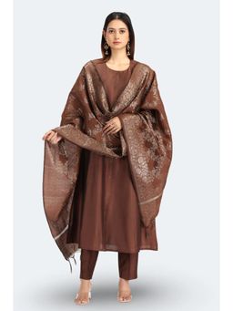 Cotton Culture - Brown PolySilk Solid A Line Kurta Set With Printed Dupatta