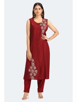 Cotton Culture - Maroon Rayon Embroidered Straight Kurta and Trousers