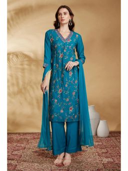Cotton Culture - Blue Chanderi Embroidered Kurta Set With Dupatta