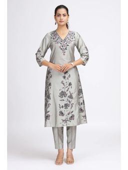 Cotton Culture - Gray PolySilk Embroidered Straight Kurta and Trousers