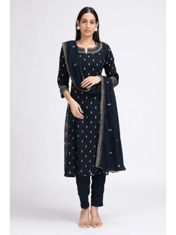 Cotton Culture - Navy Blue Georgette Embroidered A Line Kurta Set With Dupatta