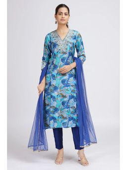 Cotton Culture - Blue Muslin Viscose Embroidered Straight Kurta Set With Dupatta
