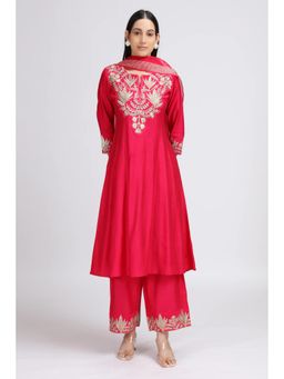Cotton Culture - Pink Viscose Embroidered Kurta With Palazzo and Dupatta