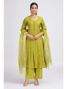 Cotton Culture - Lime Green Chanderi Embroidered A Line Kurta Set With Dupatta