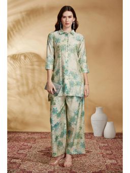 Cotton Culture - Beige and Green Printed Straight Kurta and Trousers