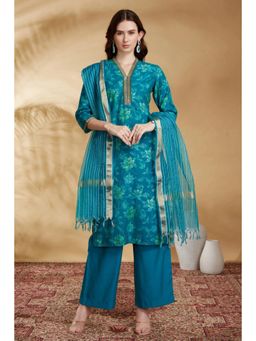 Cotton Culture - Teal Viscose Straight Embroidered Kurta Set With Dupatta