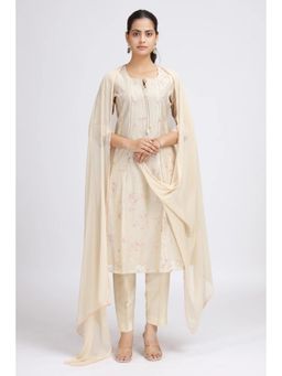 Cotton Culture - Cream Chanderi Embroidered A Line Kurta Set With Dupatta