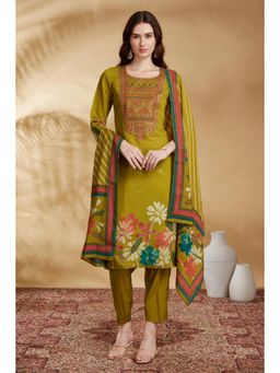 Cotton Culture - Lime Green Chanderi Embroidered Straight Kurta Set With Dupatta
