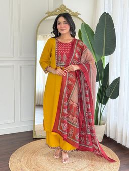 SIJOPA - Mustard and Red Cotton Printed Kurta Set