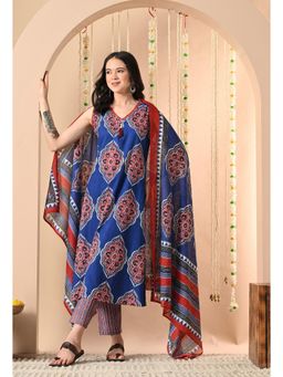 SIJOPA - Blue Cotton V-Neck Printed Kurta Set