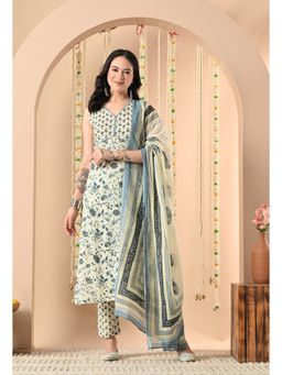 SIJOPA - Off White Cotton V-Neck Floral Printed Kurta Set