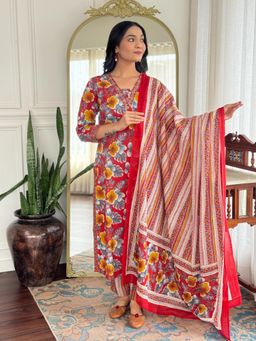 SIJOPA - Multi-Color Cotton Square Neck Floral Printed Kurta Set
