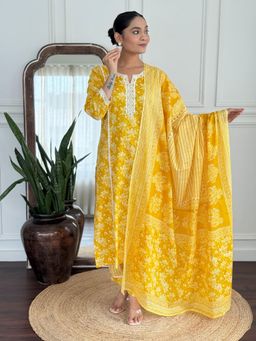 SIJOPA - Mustard Cotton Floral Printed Kurta Set