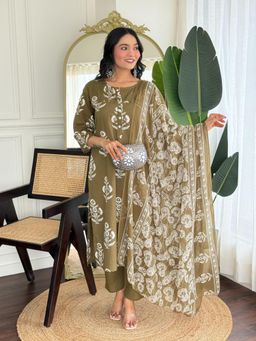 SIJOPA - Olive Cotton Round Neck Floral Printed Kurta Set