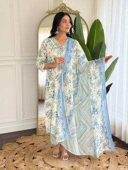SIJOPA - White and Blue Cotton V-Neck Floral Printed Kurta Set