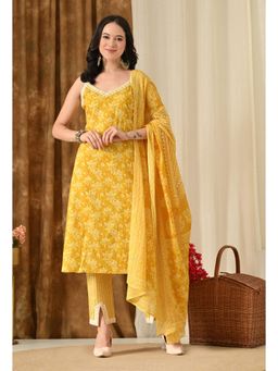 SIJOPA - Yellow Cotton Shoulder Straps Floral Printed Kurta Set