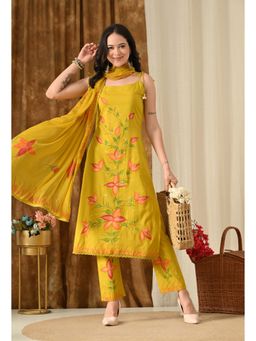 SIJOPA - Mustard Yellow Cotton Shoulder Straps Printed Kurta Set