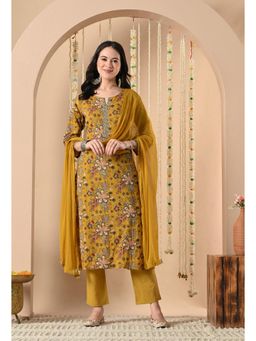 SIJOPA - Mustard Cotton Round Neck Floral Printed Kurta Set