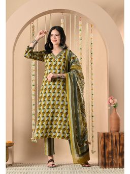 SIJOPA - Olive Cotton V-Neck Colorblock Printed Kurta Set