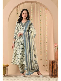 SIJOPA - Off White Cotton Square Neck Floral Printed Kurta Set