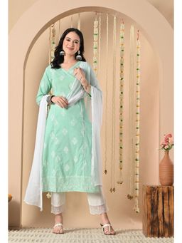 SIJOPA - Light Green Cotton V-Neck Embroidered Kurta Set