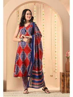 SIJOPA - Red Cotton V-Neck Printed Kurta Set