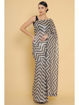 Soch - Beige Chevron Patterns Georgette Saree with Unstitched Blouse