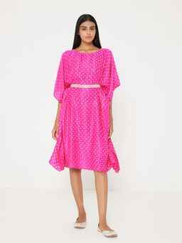 Ancestry - Pink Bandhani Print Kaftan Dress with Belt (Set of 2)