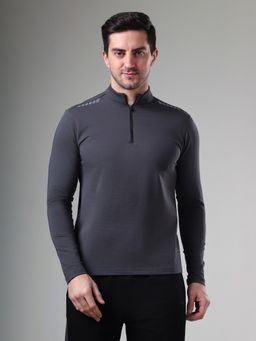 Grow - Grey Full Sleeve Quarter Zip Solid Sports T-Shirt