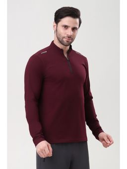 Grow - Maroon Full Sleeve Quarter Zip Solid Sports T-Shirt
