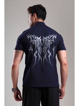 Grow - Navy Blue Workout Printed Collar Half Sleeves T-Shirt