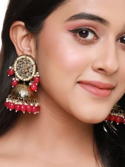 VIRAASI - Gold Plated Red Pearl Kundan Big Jhumka Earrings for Women and Girls
