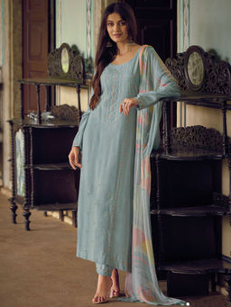 Stylee LIFESTYLE - Turquoise Viscose Embroidered Dress Material (Set of 3)