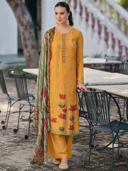 Stylee LIFESTYLE - Mustard Viscose Embroidered Dress Material (Set of 3)