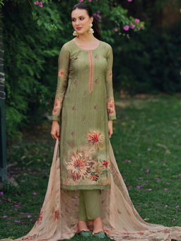 Stylee LIFESTYLE - Olive Viscose Embroidered Dress Material (Set of 3)