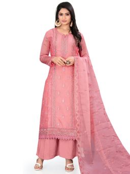 Stylee LIFESTYLE - Pink Organza Digital Printed Dress Material (Set of 3)