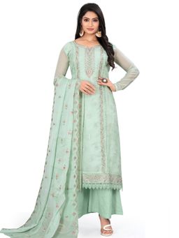 Stylee LIFESTYLE - Green Organza Digital Printed Dress Material (Set of 3)