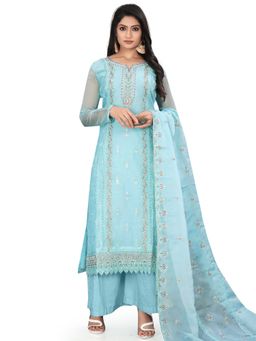 Stylee LIFESTYLE - Sky Blue Organza Digital Printed Dress Material (Set of 3)