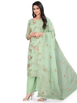 Stylee LIFESTYLE - Green Organza Digital Printed Dress Material (Set of 3)