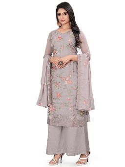 Stylee LIFESTYLE - Grey Organza Digital Printed Dress Material (Set of 3)