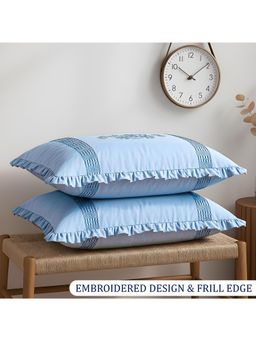 Kuber Industries - Blue Cotton Embroidered Floral & Ruffled Frill Border Pillow Covers (Pack of 2)
