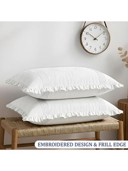 Kuber Industries - White Cotton Embroidered Floral & Ruffled Frill Border Pillow Covers (Pack of 2)