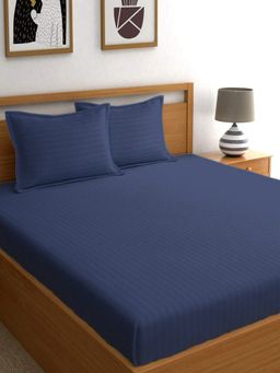 Kuber Industries - Navy Blue Lining Design Soft Cotton Bedsheet with 2 Pillow Covers (Double)
