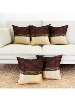 Kuber Industries - Brown Dupion Polyester Centre Lace Cushion Covers (Pack of 5)