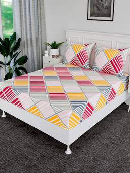 Kuber Industries - Multi-Color Cotton New Zig Zag Bedsheet with 2 Pillow Covers (Double)