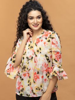 Attic Salt - Beige Printed Front Pleated Top