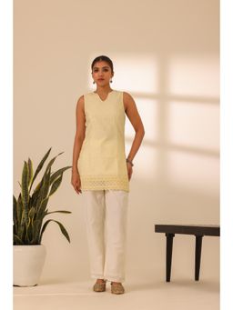Alaya by Stage3 - Light Yellow and White Embroidered Short Kurti and Pant (Set of 2)