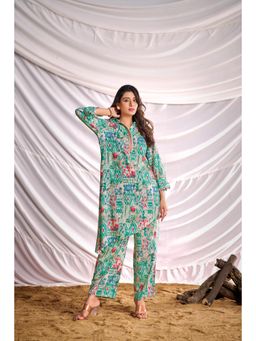 BulBul - Women Green Printed Mirror Work Co-Ord (Set of 2)